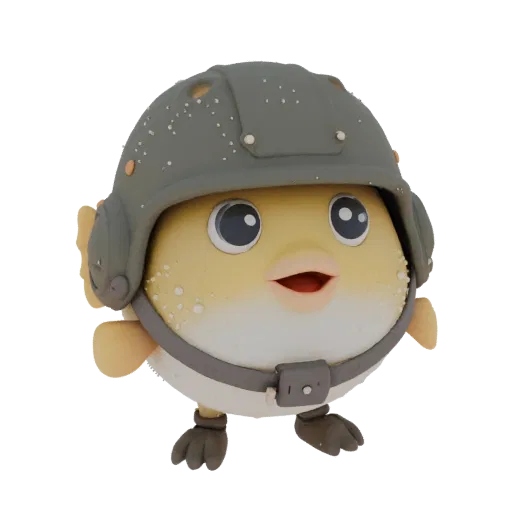 3D model of a pufferfish in a military helmet, designed for 3D printing or game use.
