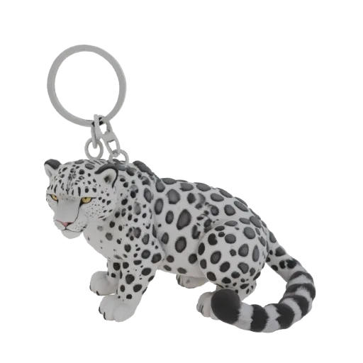 3D model of a snow leopard keychain, standing in profile, with a grey keyring.