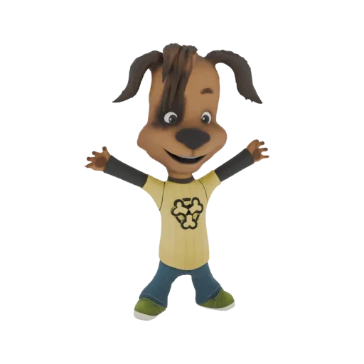 Render 3D di un personaggio cane cartone animato con pelo marrone, che indossa una maglietta gialla e jeans blu, con le bracc
