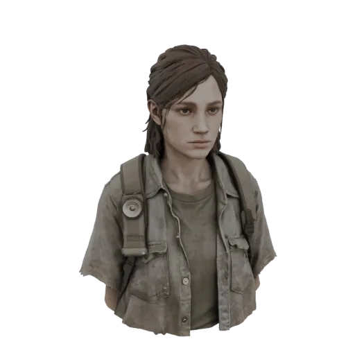 Modelo 3D de Ellie Williams, uma jovem com mochila, vestida com traje de sobrevivente pós-apocalíptica, com olhar determinado