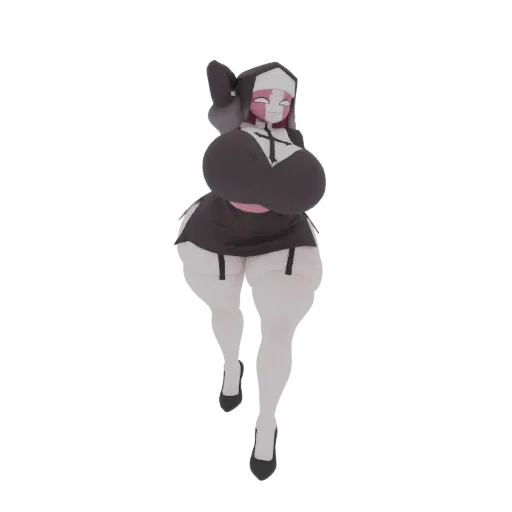 3D model render of an anime-style nun character in a dynamic pose, wearing a black and white habit.