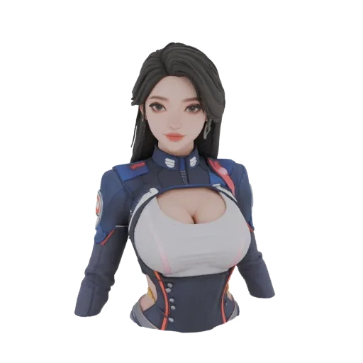 3D model of a female racer in a blue futuristic suit with a chest cutout, black hair, and expressive facial features.