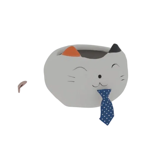 Modelo 3D de vaso gato branco com rosto feliz, orelhas laranja e pretas, e gravata azul de bolinhas.