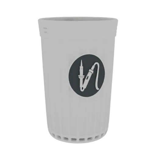 3D render of a white cylindrical cup with a ribbed texture and a dark gray circular emblem featuring a white soldering iron i