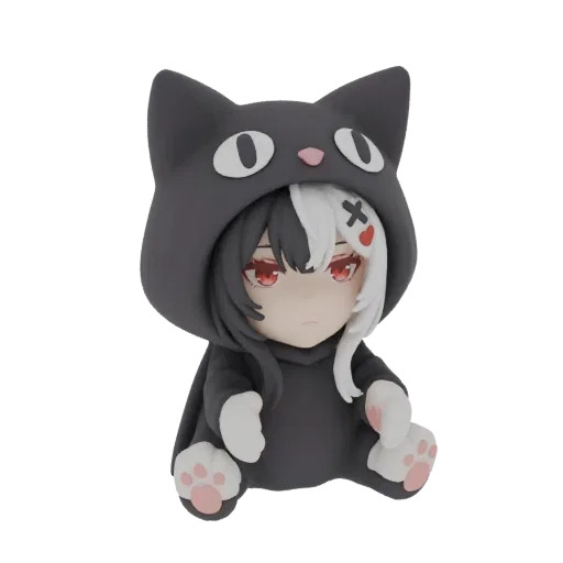 3D model of a chibi character wearing a black cat hoodie, with black and white hair and red eyes, sitting down.