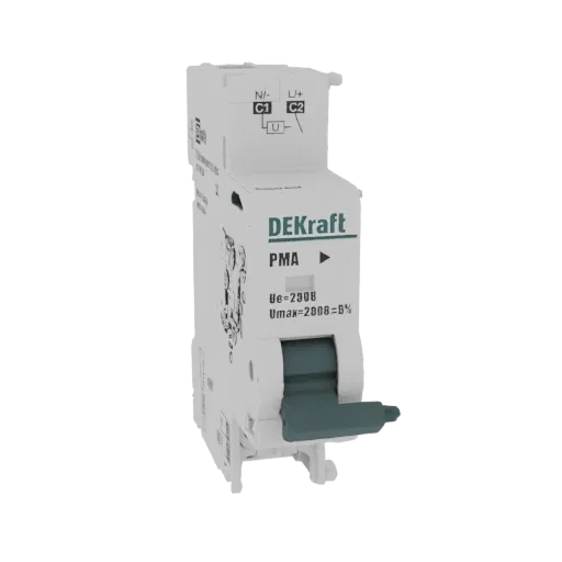 3D model of a white DEKraft PMA Miniature Circuit Breaker with a dark grey toggle switch.