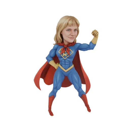 Modèle 3D d'une super-héroïne en costume bleu avec une cape rouge, adoptant une pose puissante.