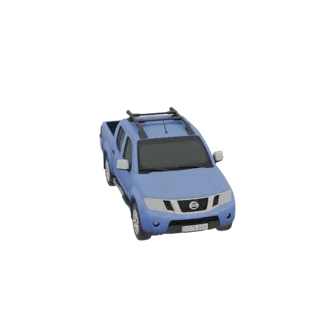 Uma renderização 3D de uma pickup Nissan azul com rack de teto e placa.