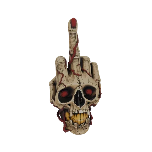 3D model of a ghoulish skull giving the middle finger, with cracked bone texture, red eyes, and dark red sinewy accents.