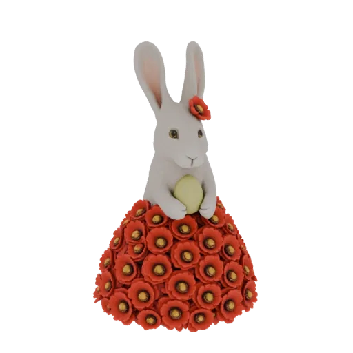 3D-Modell eines weißen Osterhasen in einem Kleid aus roten Mohnblumen, der ein grünes Ei hält.