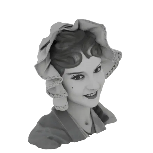 Modello 3D di una donna dell'epoca vittoriana con cuffia, sorridente, in scala di grigi.