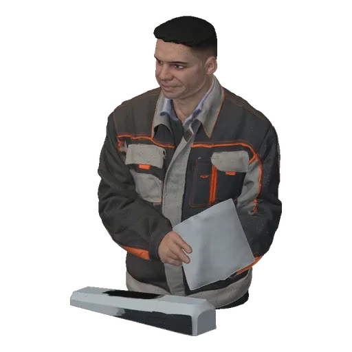 3D model of a male construction worker in a grey and orange jacket, holding a rolled blueprint.