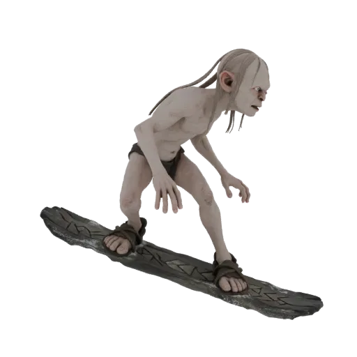 3D model of Gollum from Lord of the Rings surfing on a textured log, with his feet strapped to the wood.
