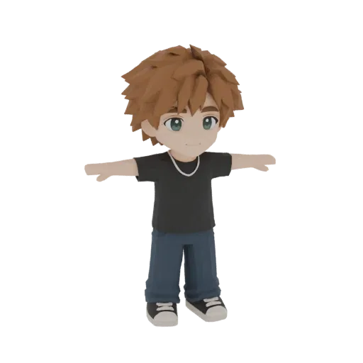 A low-poly 3D model of a chibi boy with brown hair, green eyes, wearing a black t-shirt and blue jeans, standing in a T-pose.