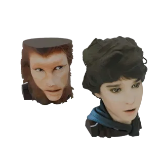 Prévia do modelo 3D de dois bustos de personagens: um homem-fera com pelos e uma jovem mulher com cabelo escuro, sobre um fun
