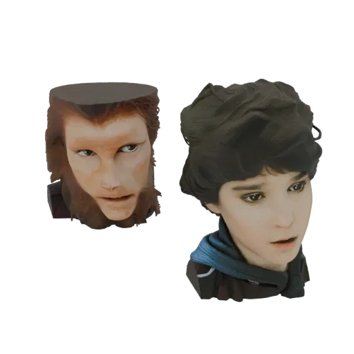 Prévia do modelo 3D de dois bustos de personagens: um homem-fera com pelos e uma jovem mulher com cabelo escuro, sobre um fun