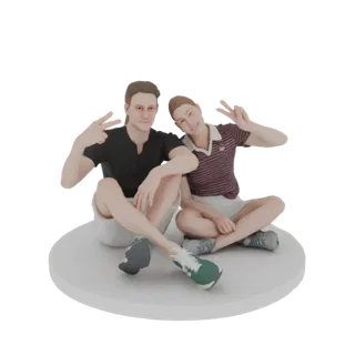 Modelo 3D de una pareja sonriente sentada junta, ambos haciendo señales de paz con las manos.