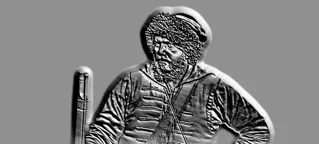 3D model of a warrior bas-relief in a fur hat and clothing, holding a rifle, in engraving style