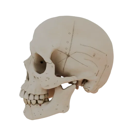Modello 3D Cranio, vista di profilo, rendering viewport tecnico, mostra superfici ossee, punti di riferimento scheletrici.