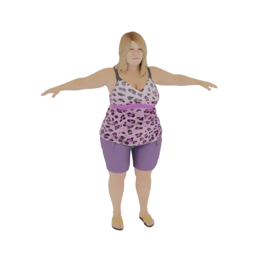 3D model of a plus-size woman with blonde hair, wearing a leopard-print tank top and purple shorts, standing with arms outstr