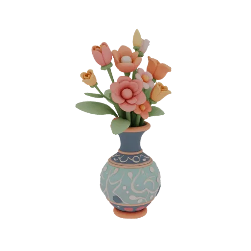 3D model of a vase with a bouquet of bright flowers in claymation style