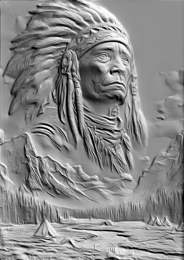 3D model of a bas-relief featuring a Native American chief in a feather headdress against a backdrop of mountains and a teepe