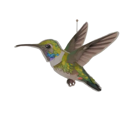 Modello 3D di colibrì piatto in volo con piumaggio vibrante, pronto per decorazione murale