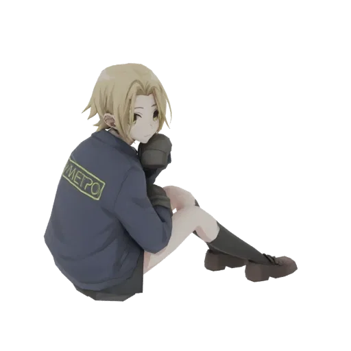 Modelo 3D de uma garota anime com cabelo loiro, vestindo jaqueta e saia azuis, sentada e olhando para o lado.