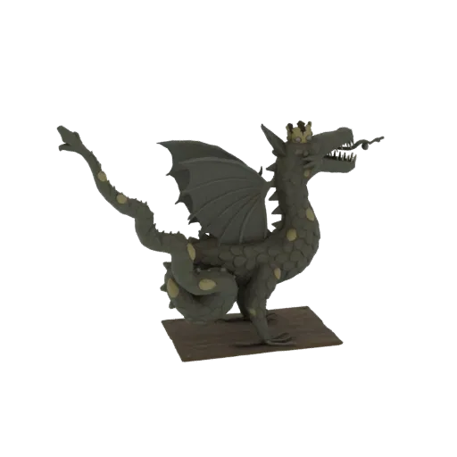 3D model of a grey dragon wearing a golden crown, with a long, spiked tail and large wings, standing on a brown base.