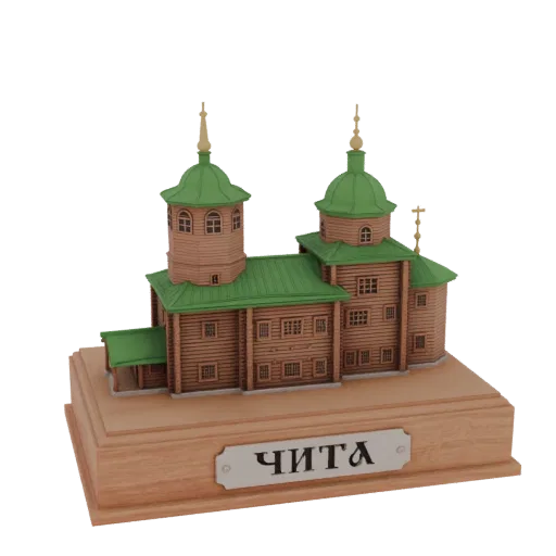 Maqueta 3D de una iglesia ortodoxa de madera con cúpulas verdes, sobre una base de madera con la inscripción 'CHITA'.