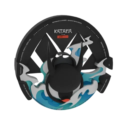 3D model of a circular Katama design with a black horned character and blue wave accents