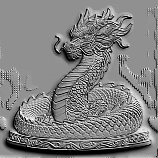 Modello 3D di bassorilievo di drago cinese, avvolto su un piedistallo, con squame e criniera dettagliate.