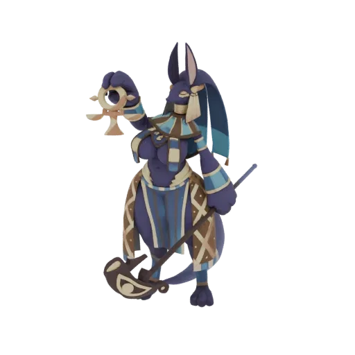 Modelo 3D de Anubis, el dios egipcio del inframundo, de pie con una balanza y un bastón, renderizado en azul y marrón con ace