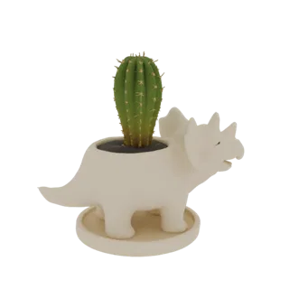 Modello 3D di una fioriera bianca di dinosauro Triceratopo con un cactus verde all'interno, mostrata su uno sfondo bianco.