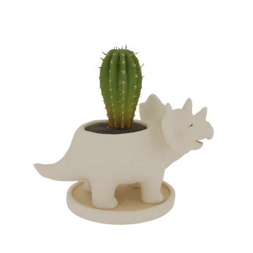 3D model of a white Triceratops dinosaur planter with a green cactus inside, shown on a white background.