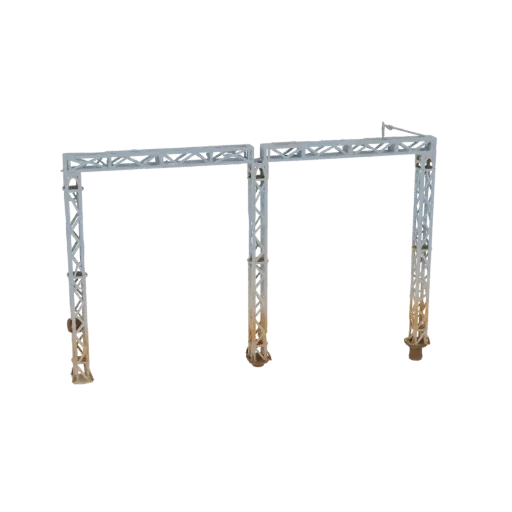A 3D model of an industrial truss archway, composed of two connected sections with weathered metal textures.