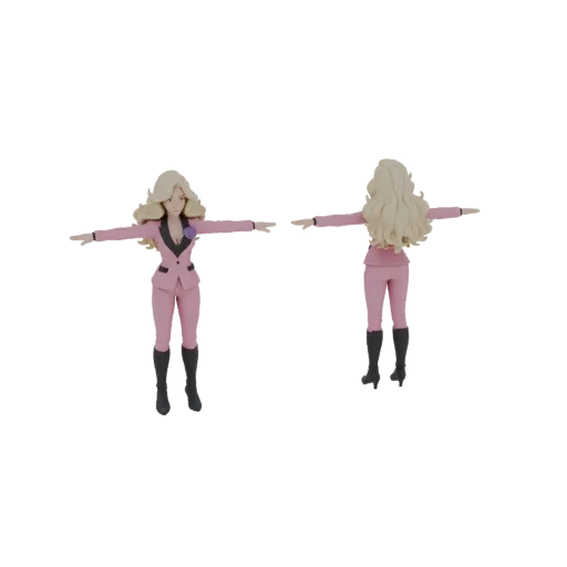 3D model of an anime-style woman with blonde hair, wearing a pink suit and black boots, shown from front and back views.