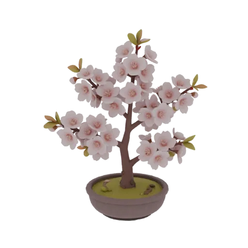 3D model of blooming cherry blossom in a pot with pink flowers and green leaves