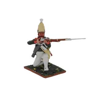 3D model of a Napoleonic grenadier soldier kneeling and aiming a musket, wearing a tall shako and green uniform, on a texture