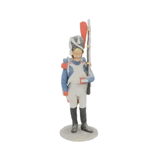 3D model of a French Line Infantryman from the Napoleonic era, wearing a blue uniform and holding a musket.