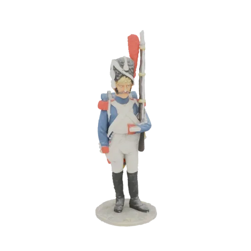 Modèle 3D d'un soldat d'infanterie de ligne français de l'ère napoléonienne, portant un uniforme bleu et tenant un mousquet.