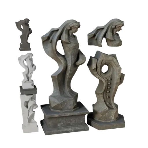 Vista previa de modelo 3D realista de Escultura Abstracta de Jardín, vista de tres cuartos de escena, pedestal y detalle de e