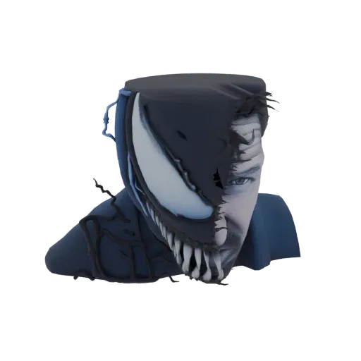 3D model of Venom symbiote's face split with a human face, showing sharp teeth and white eyes.