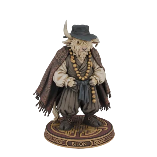 3D model of an anthropomorphic bison dressed as a monk, wearing a hat, shawl, and prayer beads, standing on a decorative base