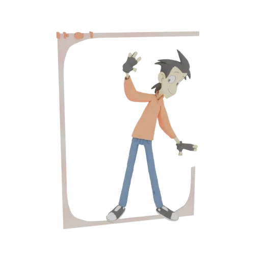 3D render of a cartoon boy with spiky black hair, wearing an orange hoodie and blue jeans, waving with one hand.