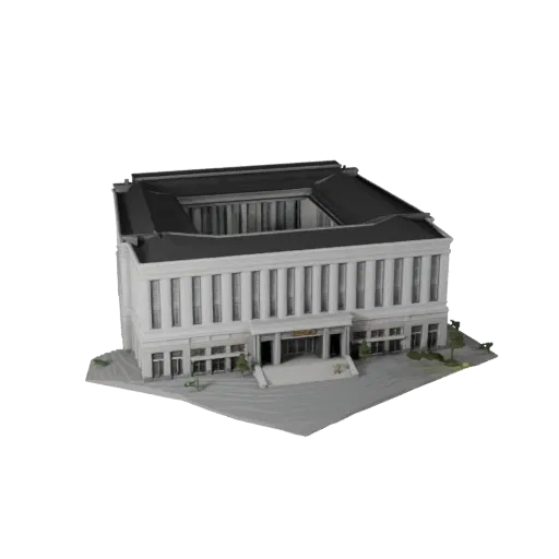 Prédio de museu alto poligonagem modelo 3D, vista renderizada arquitetônica em close-up, mostrando materiais de prédio públic