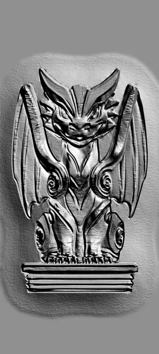 3D-Modell eines Drachen Gargoyles im Gravurstil, der auf einem Podest sitzt, mit ausgebreiteten Flügeln.