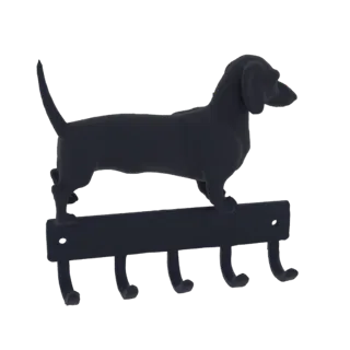 Modello 3D di silhouette di cane Bassotto nero opaco montato su una barra a parete con quattro ganci per chiavi.