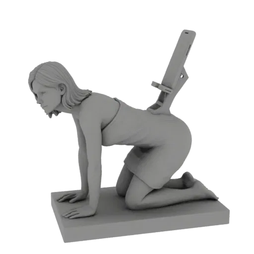 Modello 3D di una donna stilizzata in ginocchio, con un telefono appoggiato saldamente sulla sua schiena.