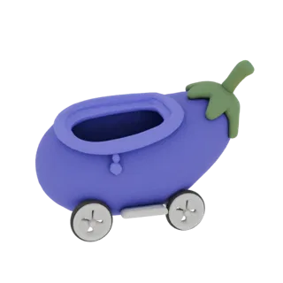 Modelo 3D de coche con forma de berenjena morada con tallo verde y cuatro ruedas, con abertura ovalada para muñeca